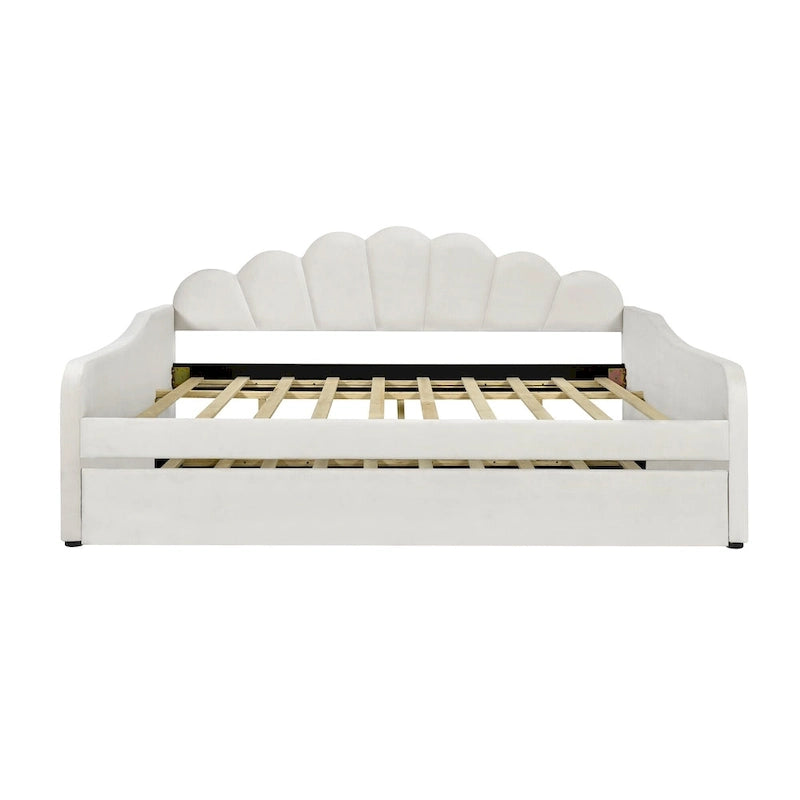 White Full Size Upholstery Daybed with Shall Shaped Backrest and Trundle for Bedroom