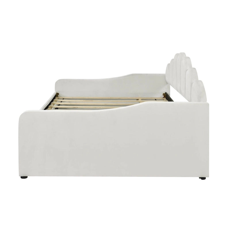 White Full Size Upholstery Daybed with Shall Shaped Backrest and Trundle for Bedroom