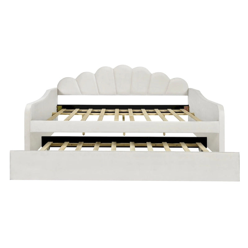 White Full Size Upholstery Daybed with Shall Shaped Backrest and Trundle for Bedroom