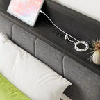 Grey Metal & Wood Twin Platform Bed Frame with Storage Headboard and Charging Station