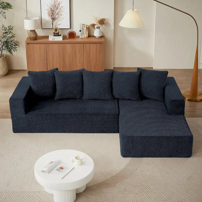 Blue 104.34  Modular L-Shaped 3 Seater Sectional Sofa Set in Luxurious Chenille Fabric Chaise - Minimalist Design
