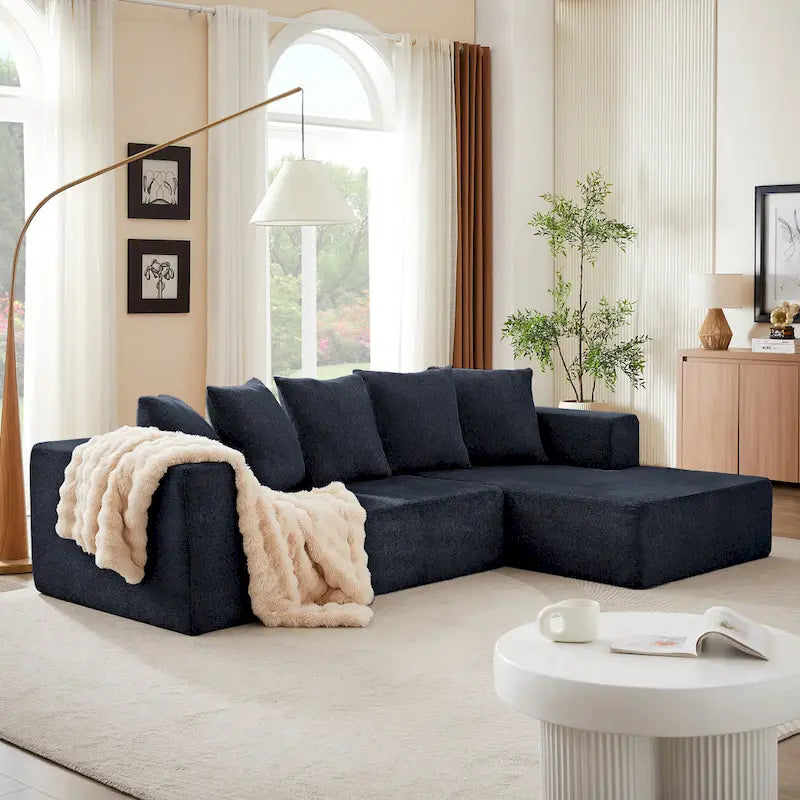 Blue 104.34  Modular L-Shaped 3 Seater Sectional Sofa Set in Luxurious Chenille Fabric Chaise - Minimalist Design