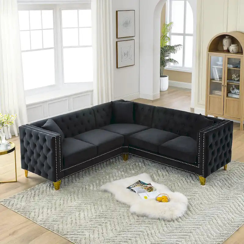 Black 82.2  Velvet Chesterfield L-Shaped Sofa for 5 with Nailhead Trim and Tufted Cushions