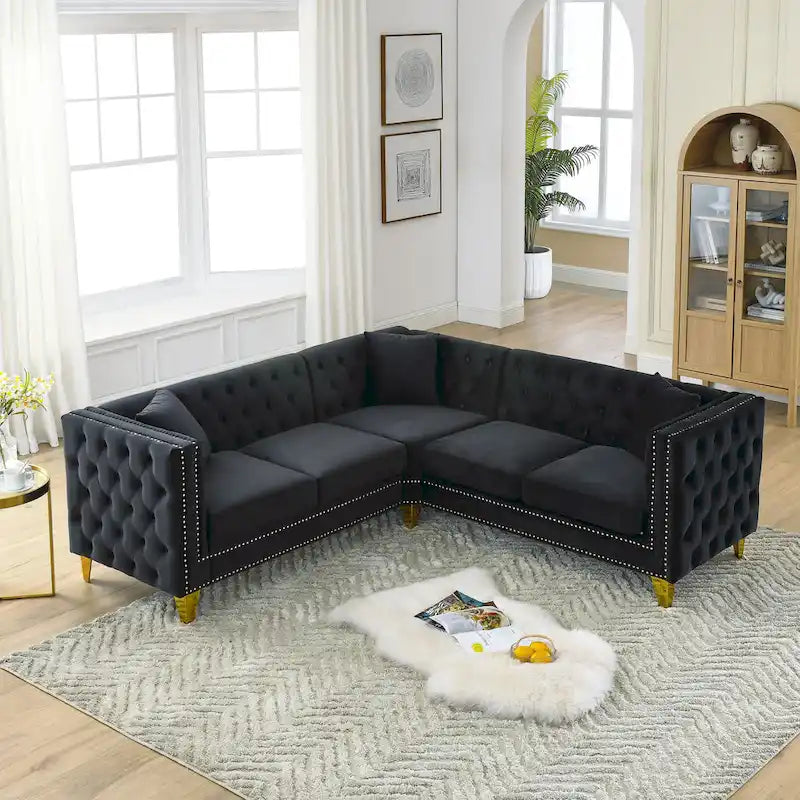 Black 82.2  Velvet Chesterfield L-Shaped Sofa for 5 with Nailhead Trim and Tufted Cushions