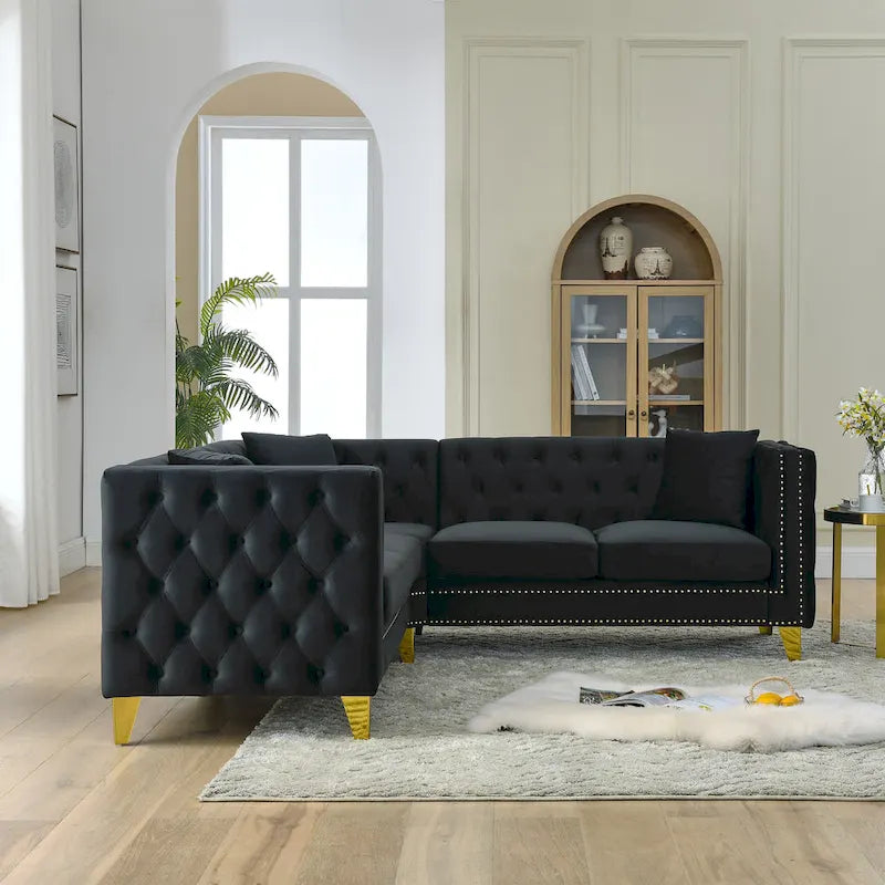 Black 82.2  Velvet Chesterfield L-Shaped Sofa for 5 with Nailhead Trim and Tufted Cushions
