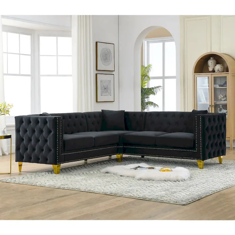 Black 82.2  Velvet Chesterfield L-Shaped Sofa for 5 with Nailhead Trim and Tufted Cushions