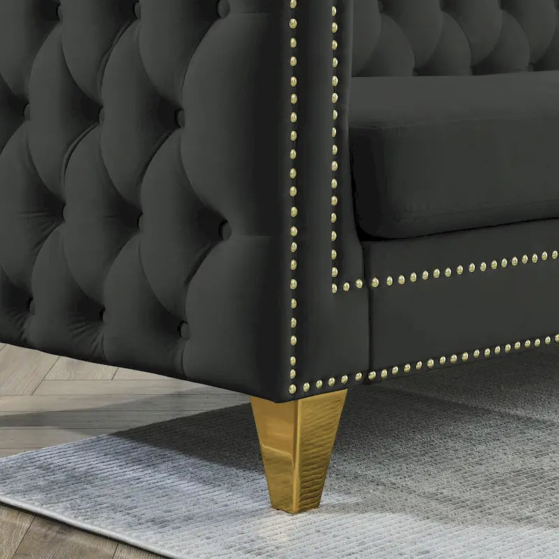Black 82.2  Velvet Chesterfield L-Shaped Sofa for 5 with Nailhead Trim and Tufted Cushions