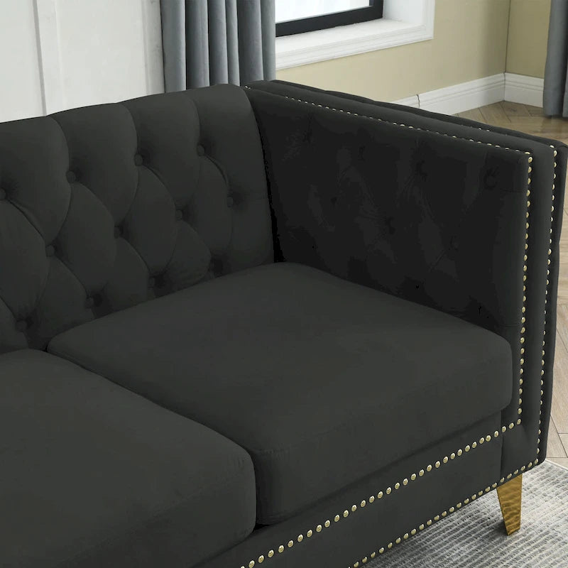 Black 82.2  Velvet Chesterfield L-Shaped Sofa for 5 with Nailhead Trim and Tufted Cushions