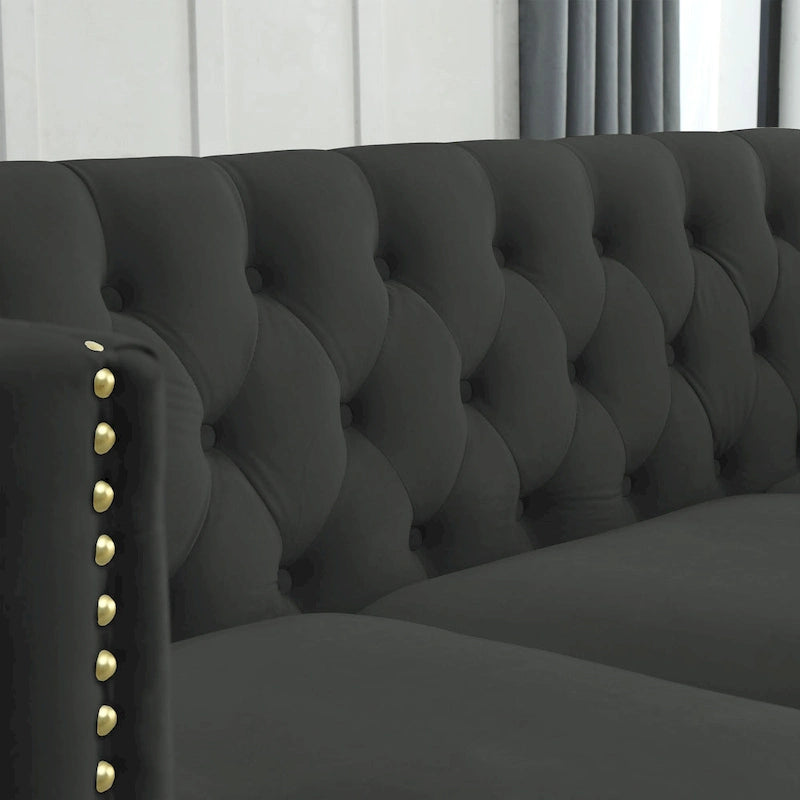 Black 82.2  Velvet Chesterfield L-Shaped Sofa for 5 with Nailhead Trim and Tufted Cushions
