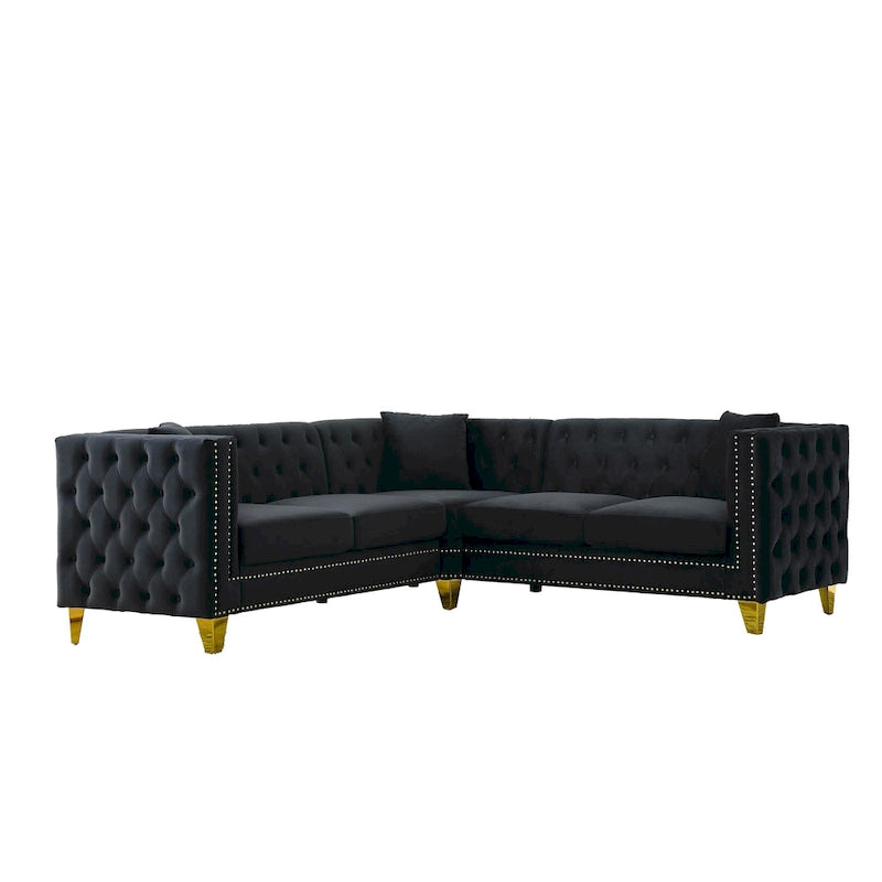 Black 82.2  Velvet Chesterfield L-Shaped Sofa for 5 with Nailhead Trim and Tufted Cushions
