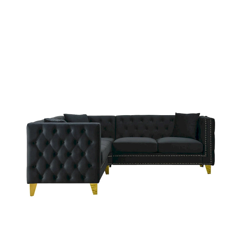 Black 82.2  Velvet Chesterfield L-Shaped Sofa for 5 with Nailhead Trim and Tufted Cushions