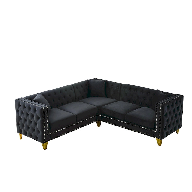 Black 82.2  Velvet Chesterfield L-Shaped Sofa for 5 with Nailhead Trim and Tufted Cushions