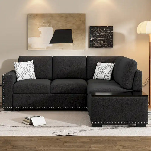83.8  L-Shaped 4-Seat Sectional Sofa with Pull-Out Bed, Storage Chaise, USB Ports, Power Sockets, and Cup Holders