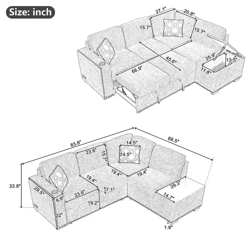 83.8  L-Shaped 4-Seat Sectional Sofa with Pull-Out Bed, Storage Chaise, USB Ports, Power Sockets, and Cup Holders