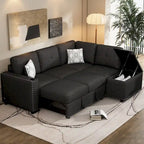 83.8  L-Shaped 4-Seat Sectional Sofa with Pull-Out Bed, Storage Chaise, USB Ports, Power Sockets, and Cup Holders