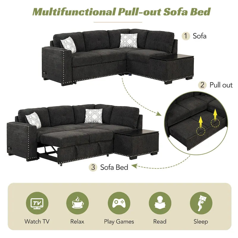 83.8  L-Shaped 4-Seat Sectional Sofa with Pull-Out Bed, Storage Chaise, USB Ports, Power Sockets, and Cup Holders