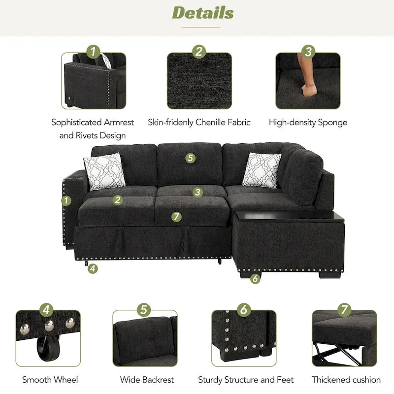 83.8  L-Shaped 4-Seat Sectional Sofa with Pull-Out Bed, Storage Chaise, USB Ports, Power Sockets, and Cup Holders