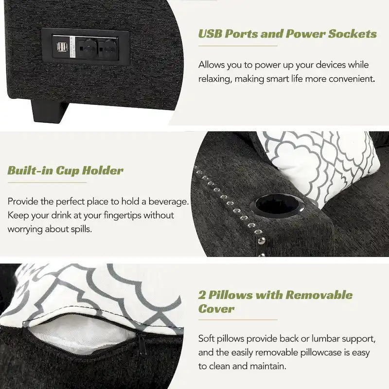 83.8  L-Shaped 4-Seat Sectional Sofa with Pull-Out Bed, Storage Chaise, USB Ports, Power Sockets, and Cup Holders