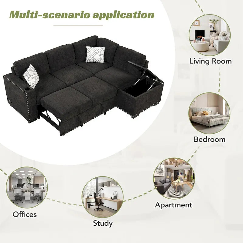 83.8  L-Shaped 4-Seat Sectional Sofa with Pull-Out Bed, Storage Chaise, USB Ports, Power Sockets, and Cup Holders