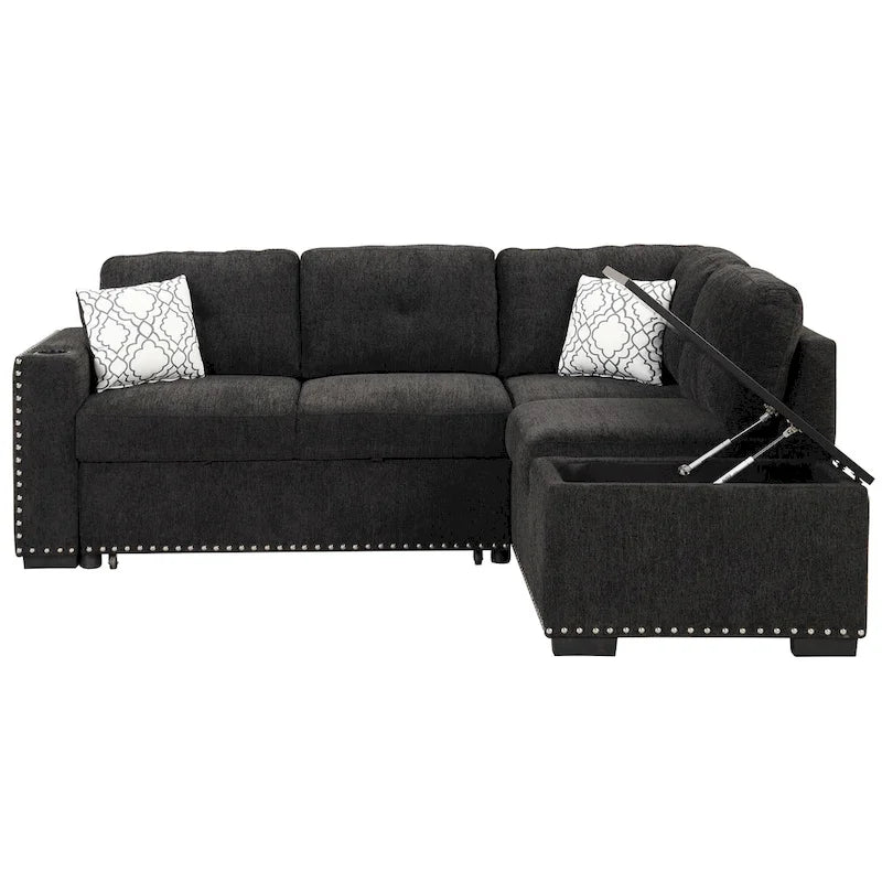 83.8  L-Shaped 4-Seat Sectional Sofa with Pull-Out Bed, Storage Chaise, USB Ports, Power Sockets, and Cup Holders