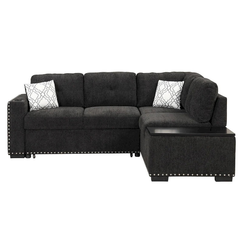 83.8  L-Shaped 4-Seat Sectional Sofa with Pull-Out Bed, Storage Chaise, USB Ports, Power Sockets, and Cup Holders