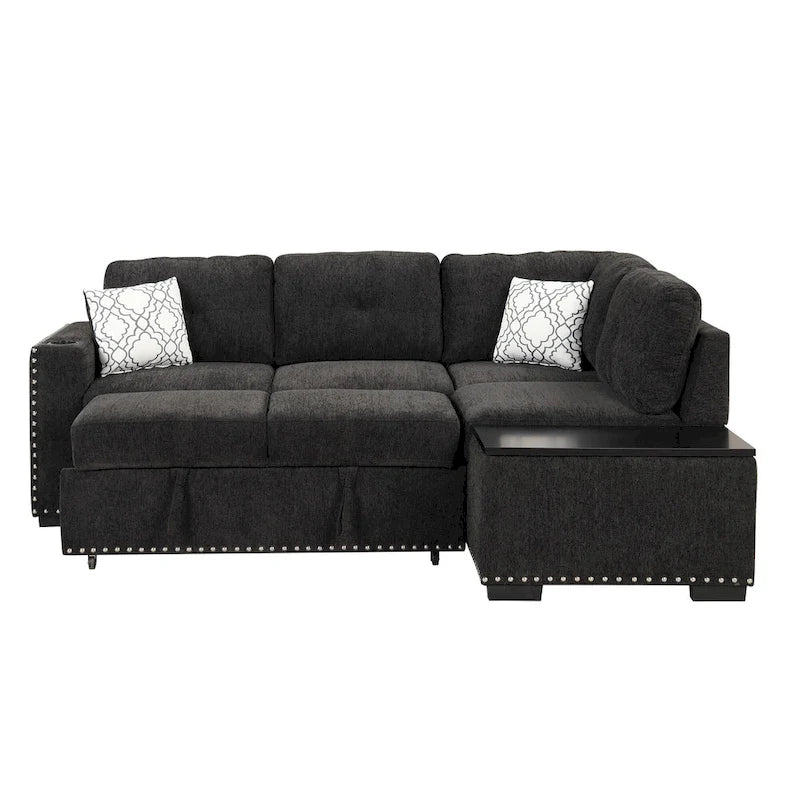 83.8  L-Shaped 4-Seat Sectional Sofa with Pull-Out Bed, Storage Chaise, USB Ports, Power Sockets, and Cup Holders