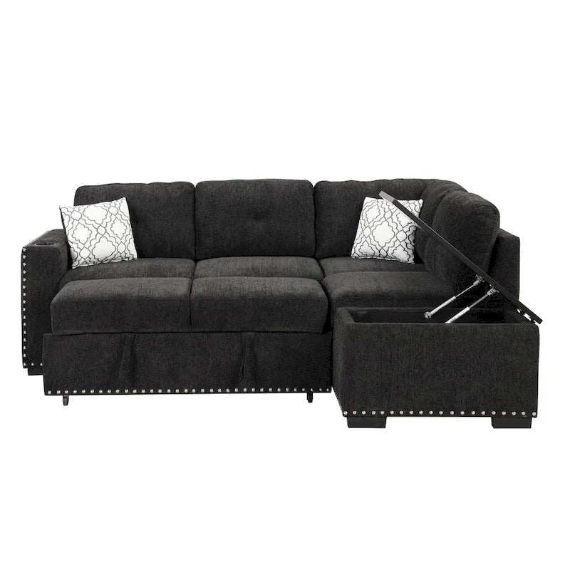 83.8  L-Shaped 4-Seat Sectional Sofa with Pull-Out Bed, Storage Chaise, USB Ports, Power Sockets, and Cup Holders