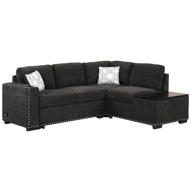 83.8  L-Shaped 4-Seat Sectional Sofa with Pull-Out Bed, Storage Chaise, USB Ports, Power Sockets, and Cup Holders