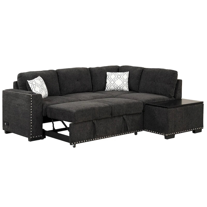 83.8  L-Shaped 4-Seat Sectional Sofa with Pull-Out Bed, Storage Chaise, USB Ports, Power Sockets, and Cup Holders