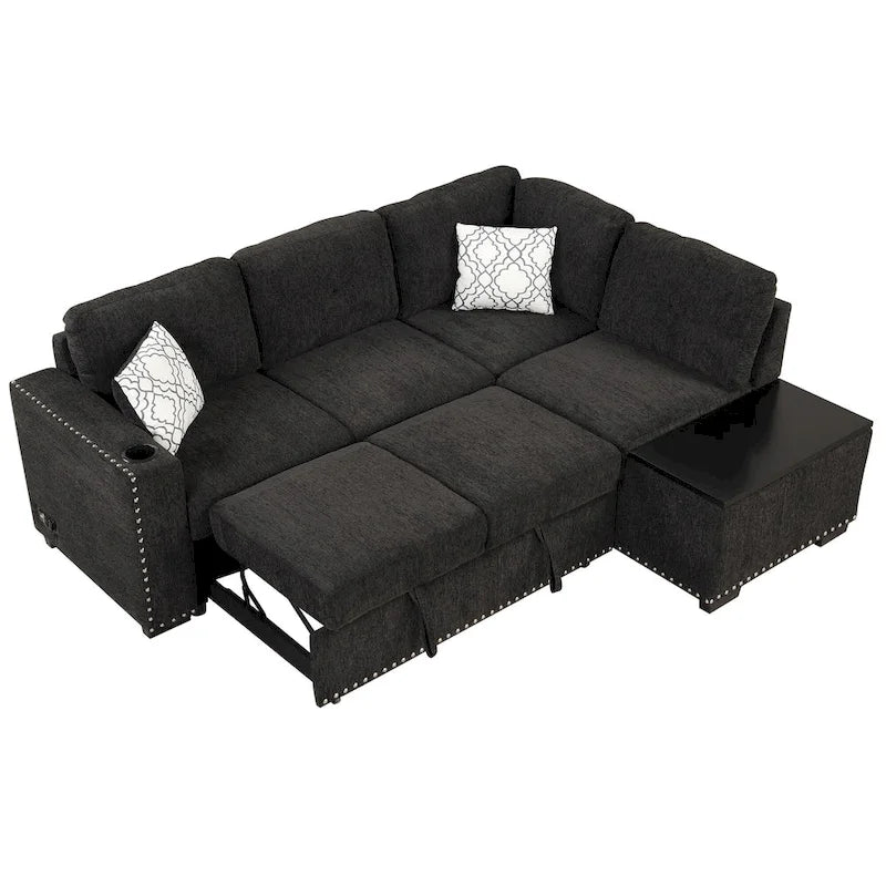83.8  L-Shaped 4-Seat Sectional Sofa with Pull-Out Bed, Storage Chaise, USB Ports, Power Sockets, and Cup Holders