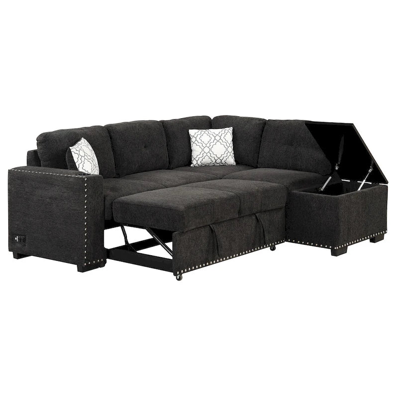 83.8  L-Shaped 4-Seat Sectional Sofa with Pull-Out Bed, Storage Chaise, USB Ports, Power Sockets, and Cup Holders
