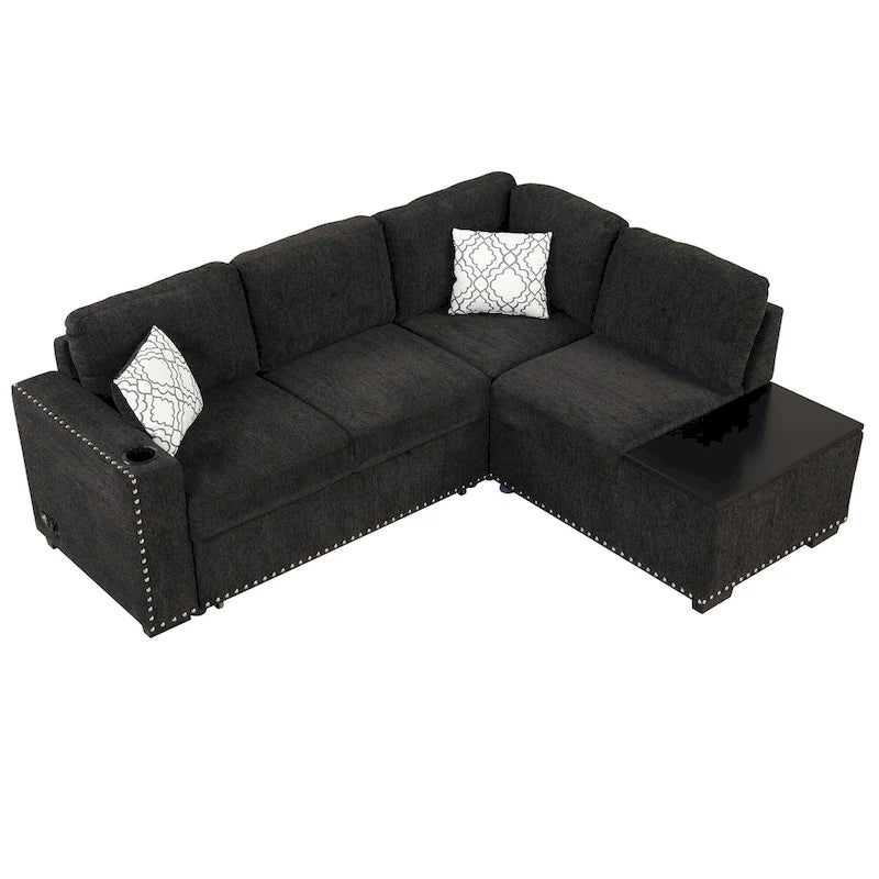 83.8  L-Shaped 4-Seat Sectional Sofa with Pull-Out Bed, Storage Chaise, USB Ports, Power Sockets, and Cup Holders