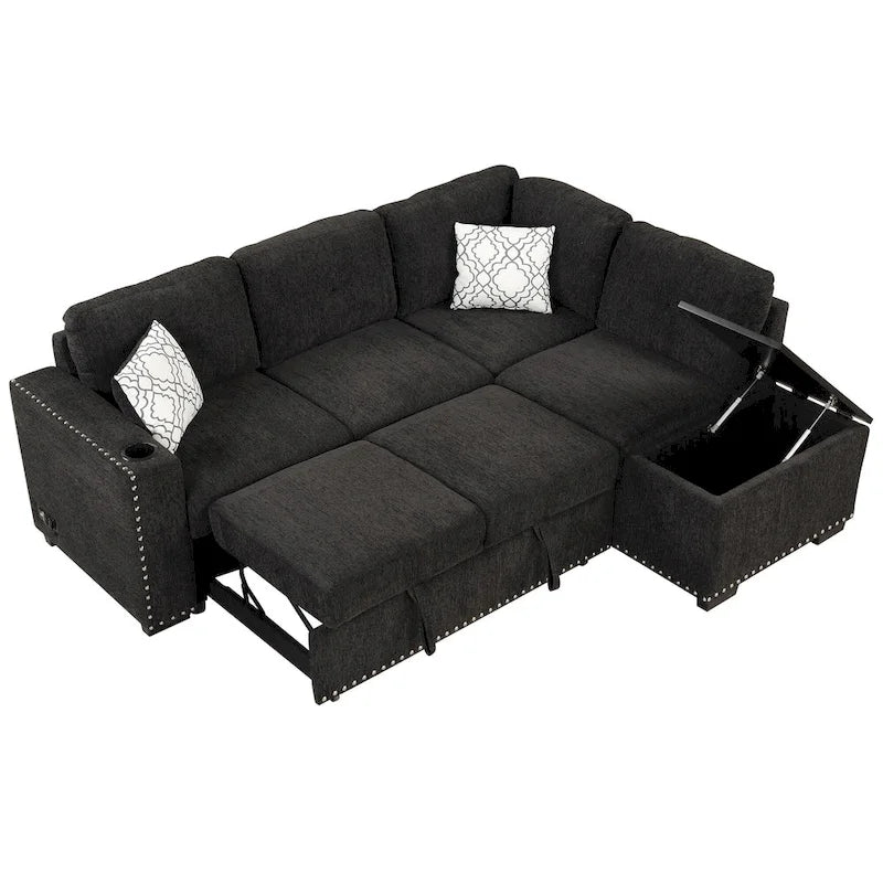 83.8  L-Shaped 4-Seat Sectional Sofa with Pull-Out Bed, Storage Chaise, USB Ports, Power Sockets, and Cup Holders