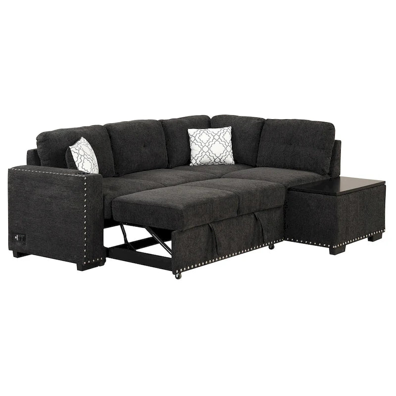 83.8  L-Shaped 4-Seat Sectional Sofa with Pull-Out Bed, Storage Chaise, USB Ports, Power Sockets, and Cup Holders