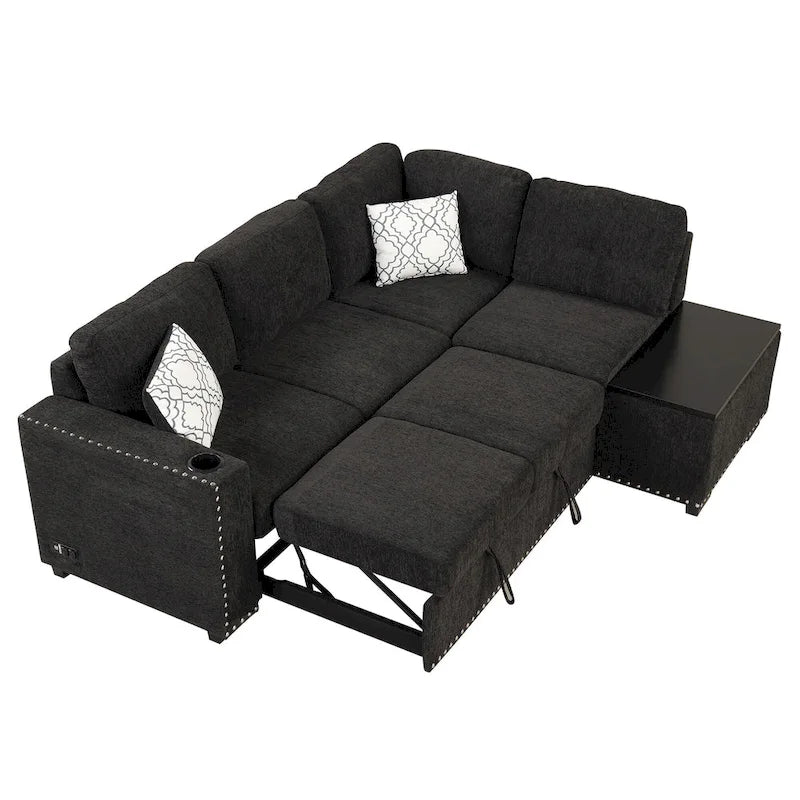83.8  L-Shaped 4-Seat Sectional Sofa with Pull-Out Bed, Storage Chaise, USB Ports, Power Sockets, and Cup Holders