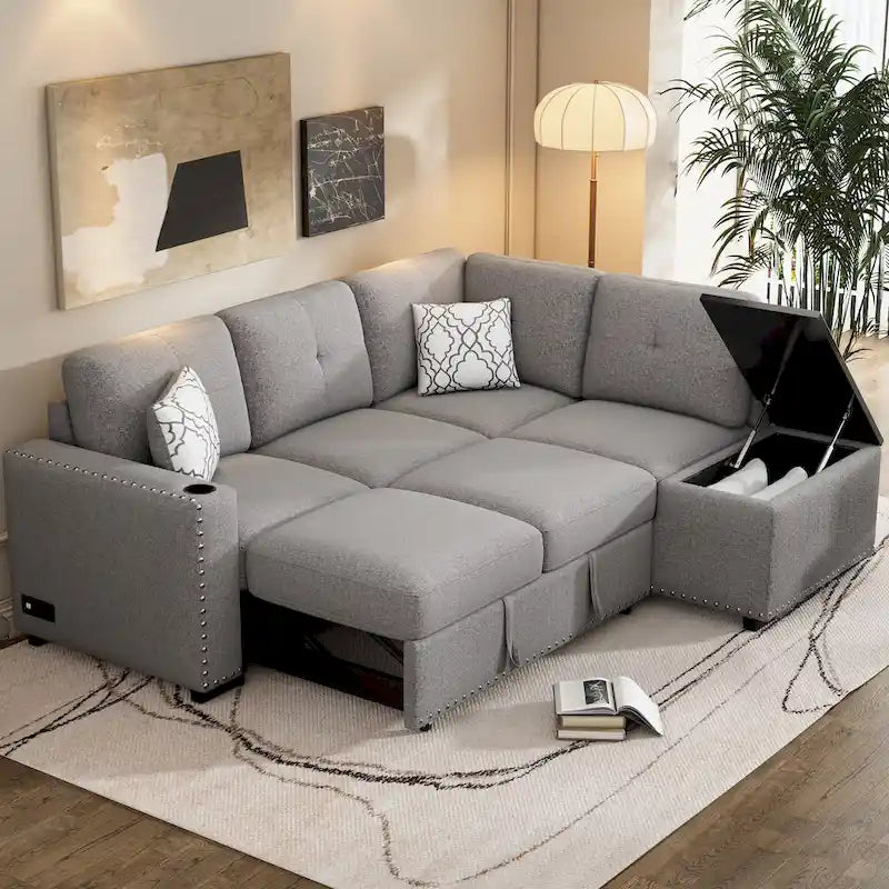 83.8  L-Shaped 4-Seat Sectional Sofa with Pull-Out Bed, Storage Chaise, USB Ports, Power Sockets, and Cup Holders