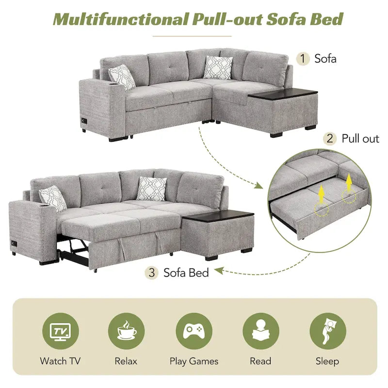 83.8  L-Shaped 4-Seat Sectional Sofa with Pull-Out Bed, Storage Chaise, USB Ports, Power Sockets, and Cup Holders