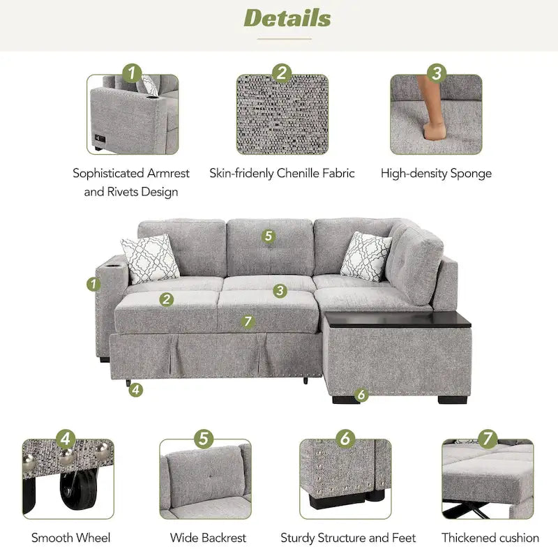 83.8  L-Shaped 4-Seat Sectional Sofa with Pull-Out Bed, Storage Chaise, USB Ports, Power Sockets, and Cup Holders
