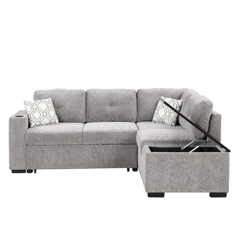 83.8  L-Shaped 4-Seat Sectional Sofa with Pull-Out Bed, Storage Chaise, USB Ports, Power Sockets, and Cup Holders