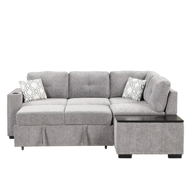 83.8  L-Shaped 4-Seat Sectional Sofa with Pull-Out Bed, Storage Chaise, USB Ports, Power Sockets, and Cup Holders