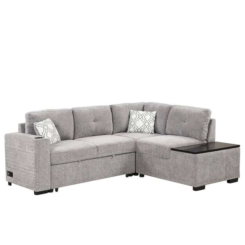 83.8  L-Shaped 4-Seat Sectional Sofa with Pull-Out Bed, Storage Chaise, USB Ports, Power Sockets, and Cup Holders