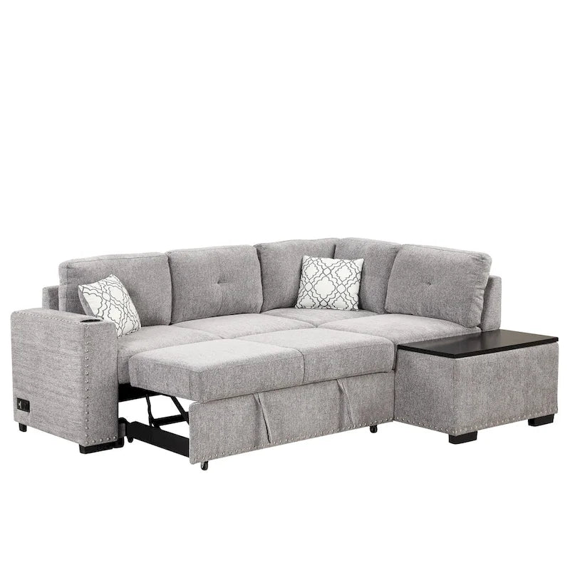 83.8  L-Shaped 4-Seat Sectional Sofa with Pull-Out Bed, Storage Chaise, USB Ports, Power Sockets, and Cup Holders