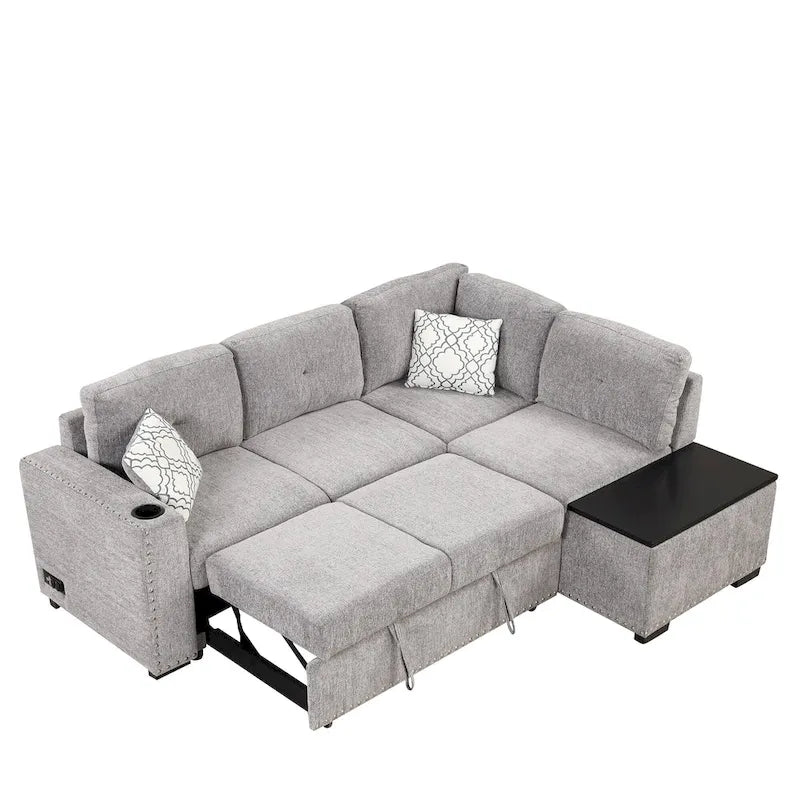 83.8  L-Shaped 4-Seat Sectional Sofa with Pull-Out Bed, Storage Chaise, USB Ports, Power Sockets, and Cup Holders