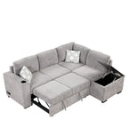 83.8  L-Shaped 4-Seat Sectional Sofa with Pull-Out Bed, Storage Chaise, USB Ports, Power Sockets, and Cup Holders