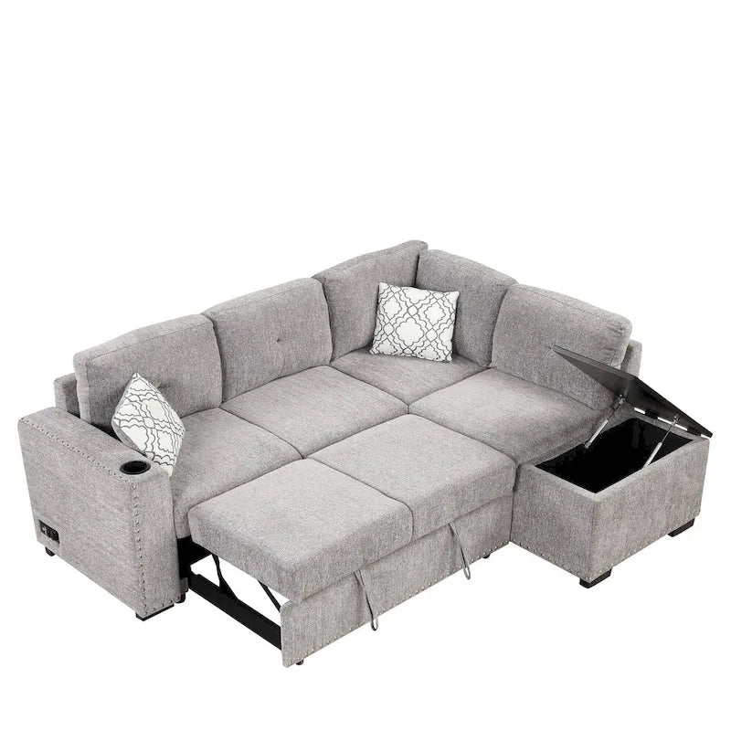 83.8  L-Shaped 4-Seat Sectional Sofa with Pull-Out Bed, Storage Chaise, USB Ports, Power Sockets, and Cup Holders