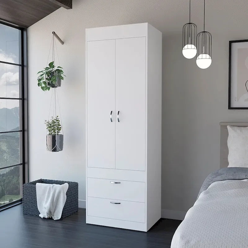 18.9  Modern Double-door Armoire with Two Bottom Drawers and Hanging Rod for Bedroom