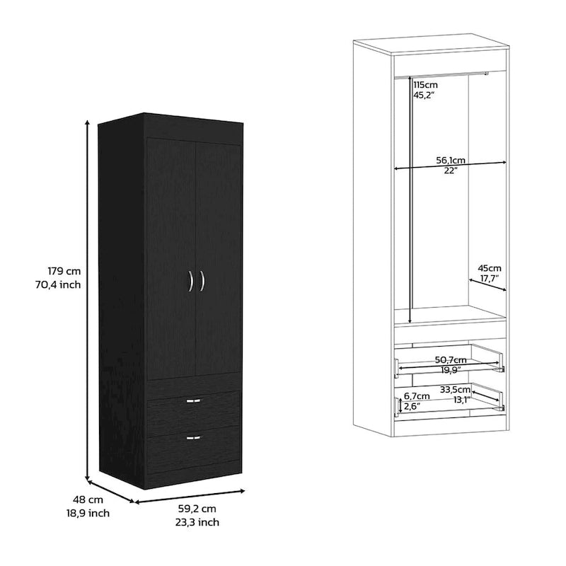 18.9  Modern Double-door Armoire with Two Bottom Drawers and Hanging Rod for Bedroom