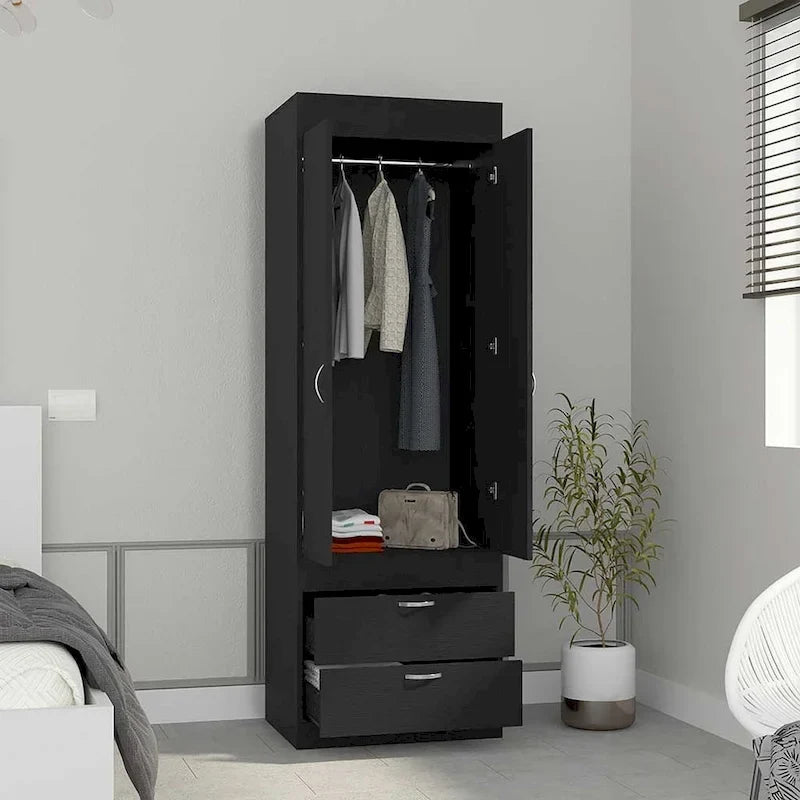 18.9  Modern Double-door Armoire with Two Bottom Drawers and Hanging Rod for Bedroom