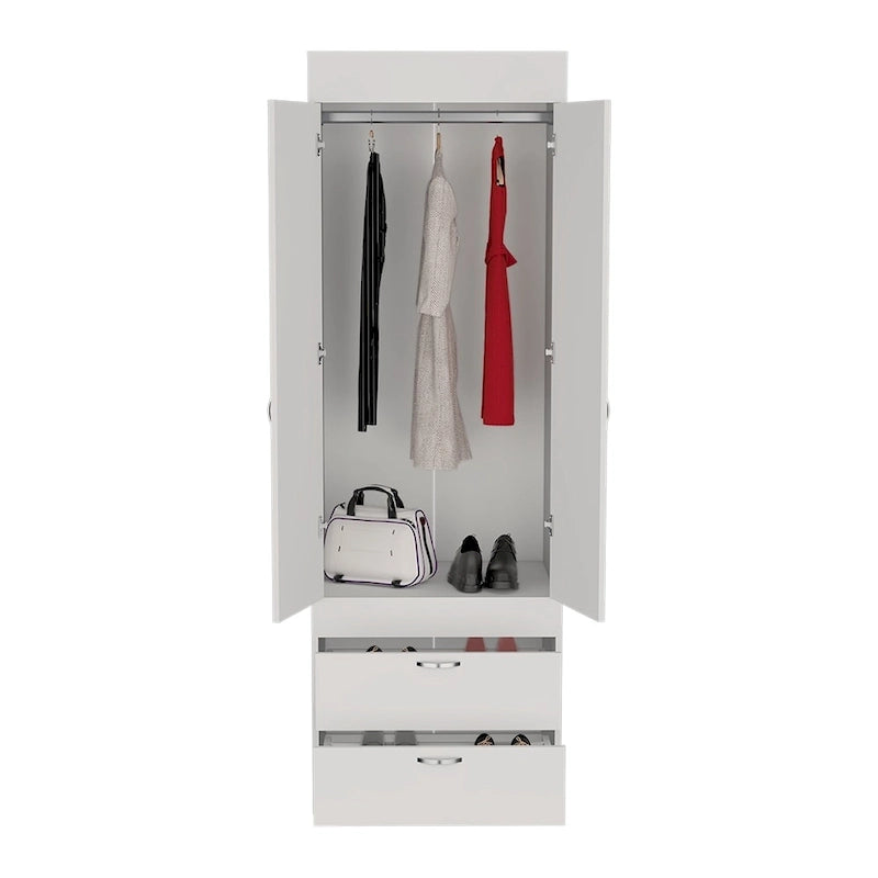 18.9  Modern Double-door Armoire with Two Bottom Drawers and Hanging Rod for Bedroom