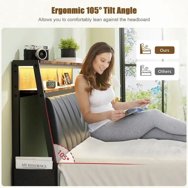 Queen Size Platform Bed with Tilted Upholstered Headboard, Charging Station, and LED Lights